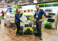 Leigh Ann Burbes and Jared Rusch with TO plastics show the new Environmentally Responsible round pot, made in the USA out of 95 per cent recycled material, and a patent pending self alligning feature.  