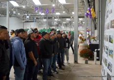 Pioneer Flower Farms employees look at the photo wall that was constructed in honor of the anniversary to showcase the company's history.
