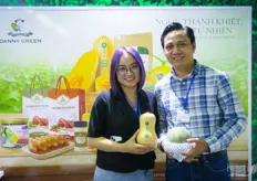 Danny Green Grows Seamoon Musk Melon, Emerald Musk Melon and its butternut squash. The company now trades in Vietnam, but is looking for international customers. On the photo are Tran Truc Linh and Tuan Dat Nguyen.