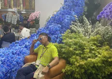 Visitors take pictures in front of the colorful Phalaenopsis.