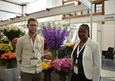 Cedric Saborowski and Beth Kuria from Blooming Africa next to their delphinium Purple Heart of the delphinium devotion series. They also grow limonium, hydrangea and satire in Gilgil, Kenya. Together with 8 farms, they are exhibiting at the Fresh Exchange stand.