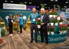 Darren Barshaw and Karl Batsche of Darwin Perennials in front of Double Scoop Deluxe. It is an improvement and new colors have been added to the sereis. “It has better branching so you get more of the double flower.”