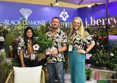 Erika Ramos, Lynn Gilbreatj, Kristen Thompson of J. Berry. The Hollywood Hibiscus Americas Sweetheart, which Lynn is holding, is a new variety for 2023.