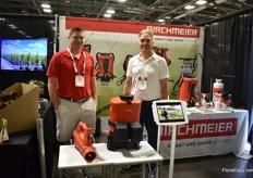 Tyler Royster and Rich Williams if Birchmeier presenting their new REC 15/AS 1200 battery blower combo. It is a blower for many applications, for nurseries, pest control, herbicide fungicides, sprays from a few feet up until 42 feet.