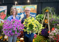 The gorgeous Supertunia Saffron Finch, shown by Jim Inksetter, and Supertunia Hoopla Vivid Orchid shown by Bridget Visser with Stokes Seeds.