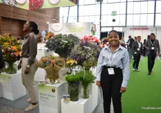 Muthoni Wachira of Mt Kenya Sprouts, a summer flower grower in Kenya exhibiting at the IPD stand.