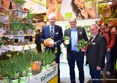 Volker Schevel, Raimund Schnecking and  Markus Falkenback van Volmary. Schnecking is holding a new herb variety and Falkenback a new strawberry variety.