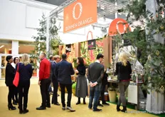 Growers at the booth of Dümmen Orange talking with visitors. 