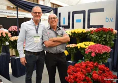 Jaap Stelder of Agriom and Richard McConnel, agent of WAC International and chairman of the Naivasha Horticultural fair that will be held on September 20 and 21, 2019. They will soon introduce a new red (upper red in the picture) – one that is performing good at an Ethiopian grower who is trialing the variety. This variety still has a code, but will be named soon.