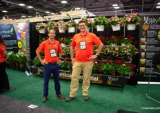 Alexander Way and Graham Hetland with Mycorrhizal Applications in front of the begonias they trialed. The left ones are treated with Injecter Endo and the right ones are untreated.