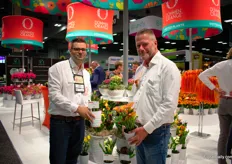 Mark Duin and Rob Geerlings of Dümmen Orange presenting the callas, a product that is gaining back in popularity as the supply and quality of the supply improved. Dümmen Orange is one of the few suppliers of small bulbs for small pots. The trick is: multi-eyed bulbs, explains Geerlings.