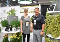 Jodi Munoz and Dan Bradbury of Walters Garden next to the Sedum Rock ‘N Grow ‘Boogie Woogie’ is a sedum variety with variegated leaves. "It has a nice mounded habit and can be used in landscapes and in combos." It has been launched recently, butis already one of their top sellers.