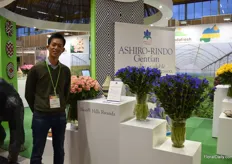 Shingo Harada of Bloom Hills Rwanda at the Rwandafresh booth. This gentiana grower currently grows these flowers  on 2ha, but is planning to expand to 10 ha in the coming years.